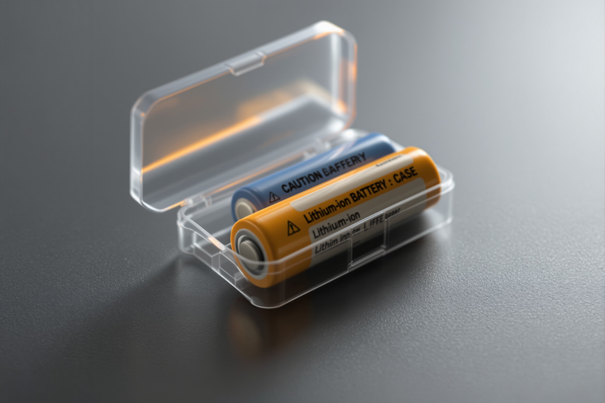 Two cylindrical lithium-ion cells inside a protective plastic battery case