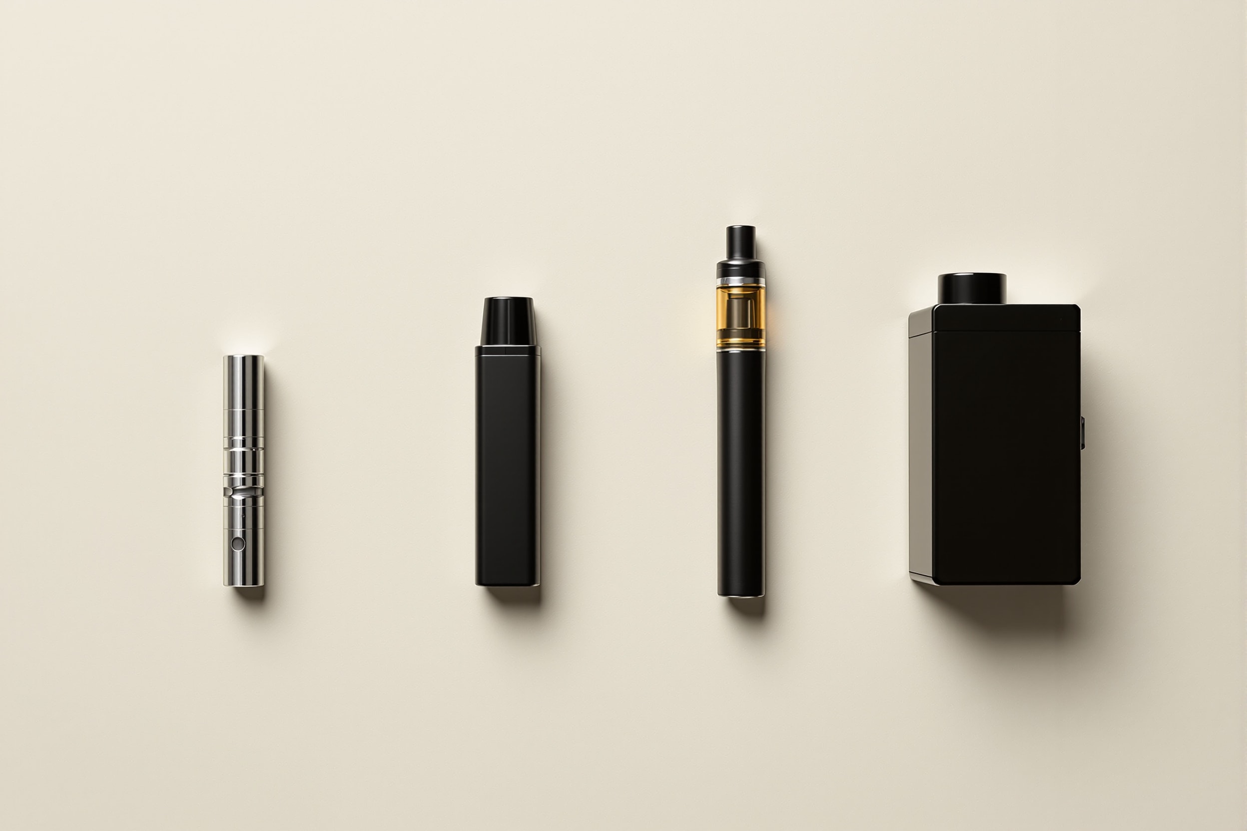 Four generic vaping device form factors arranged from smallest to largest