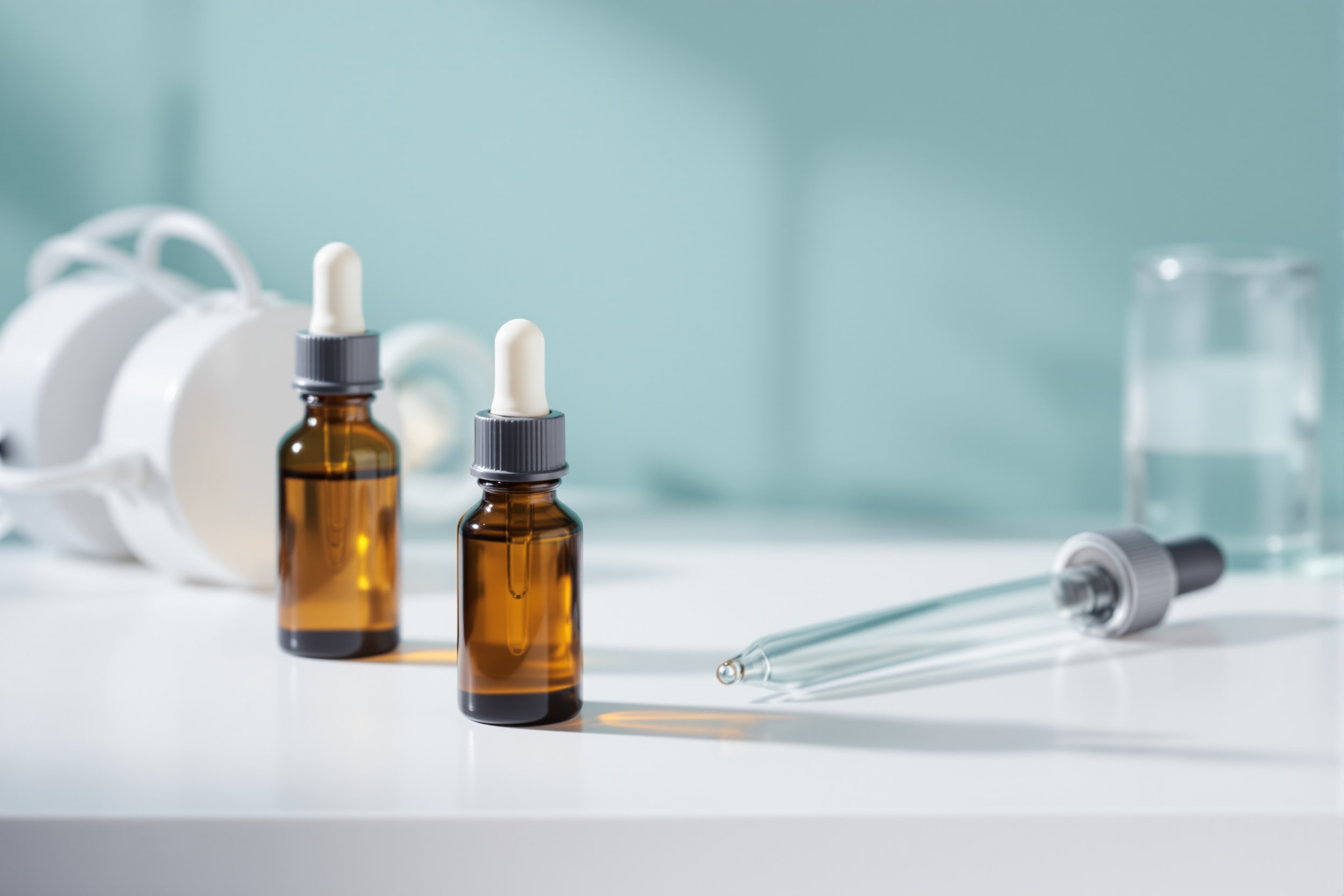 Three unbranded amber dropper bottles of e-liquid on a lab bench with a pipette