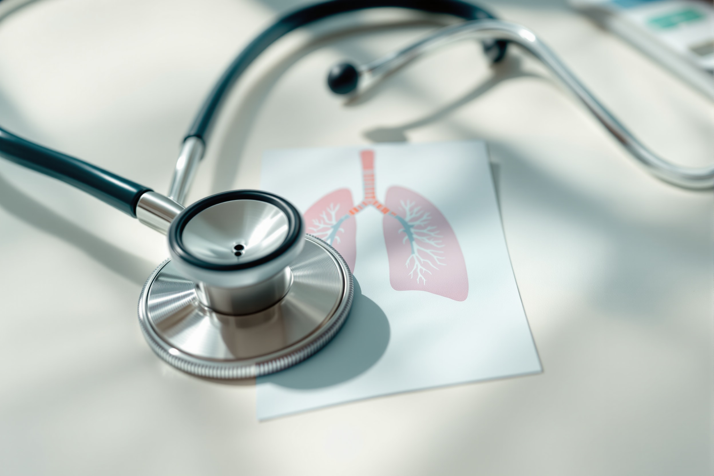 A stethoscope and a lung reference card on a clinical desk