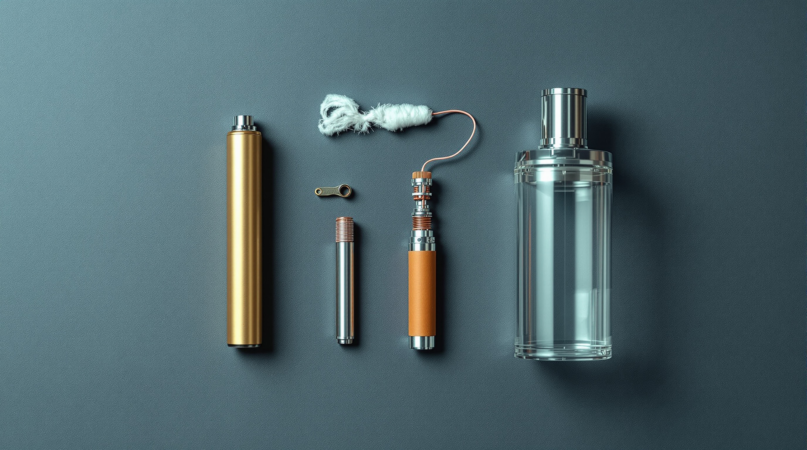 The internal components of an e-cigarette laid out on a neutral surface: battery, coil, wick, and tank