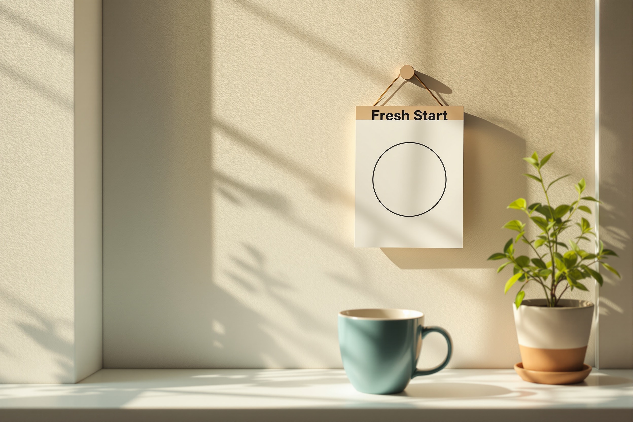 A wall calendar with a circled day beside a plant on a sunlit windowsill