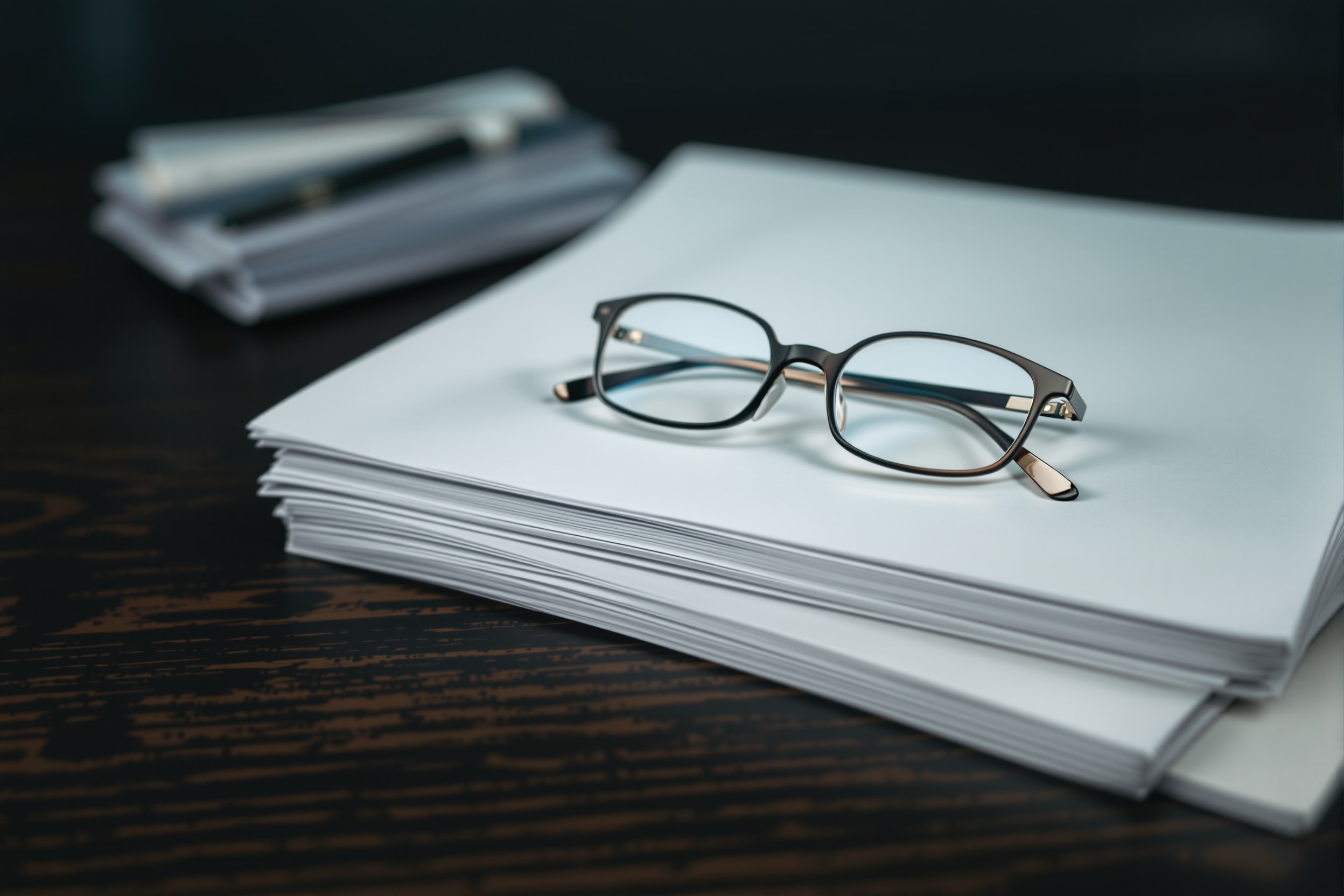 A stack of official documents and reading glasses on a desk representing regulation